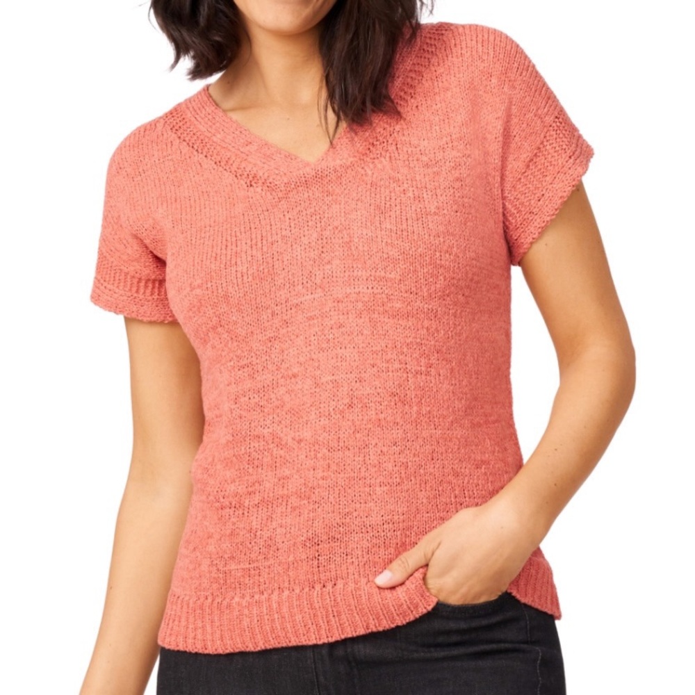 Cable & Gauge Women's Pink Coral V-Neck Short Sleeve Sweater Top Size Small S